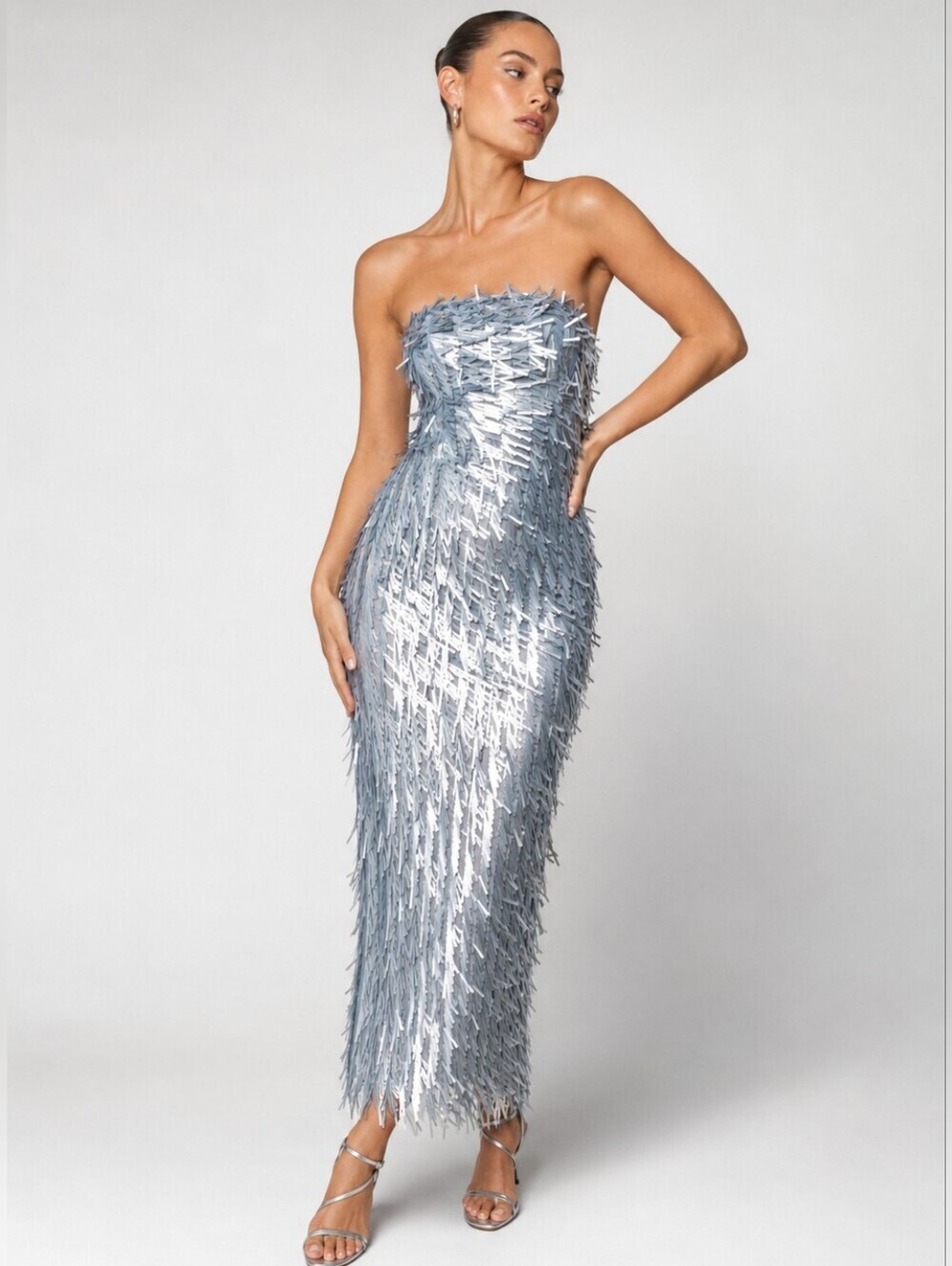 Nasty Gal 3D Sequin Bandeau Maxi Dress Silver Metallic Fringe Glam NWT. Size 0